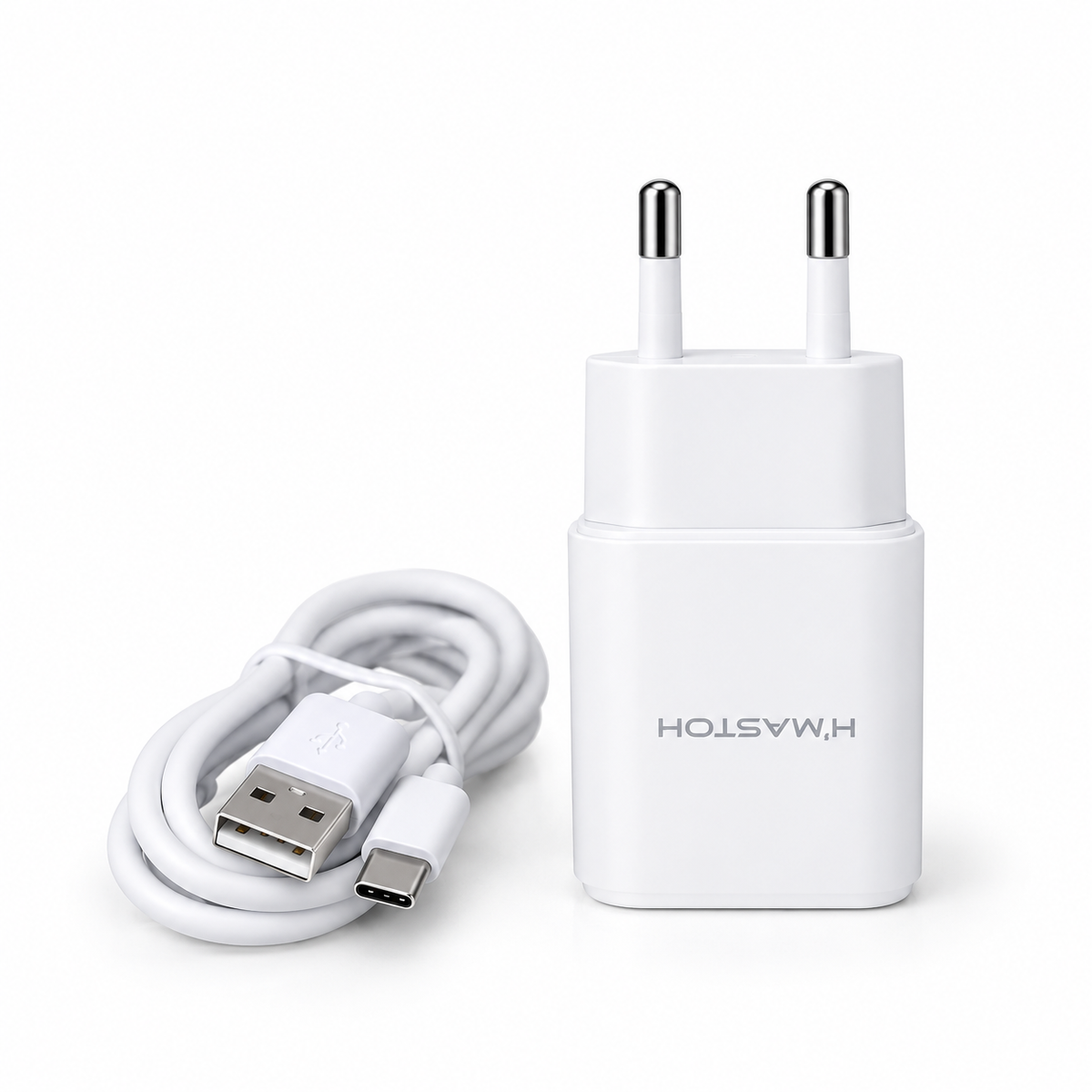 Carregador de parede branco H’MASTON LR17-1 com potência anunciada de 15 W e cabo USB branco. ( V8 )