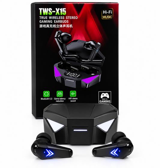 Fone de Ouvido Gamer TWS-X15 Bluetooth 5.2 com Estojo Digital