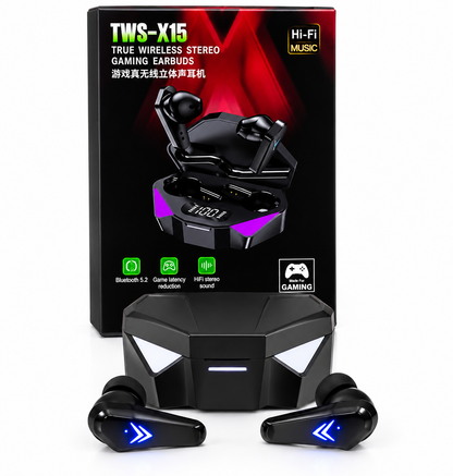 Fone de Ouvido Gamer TWS-X15 Bluetooth 5.2 com Estojo Digital