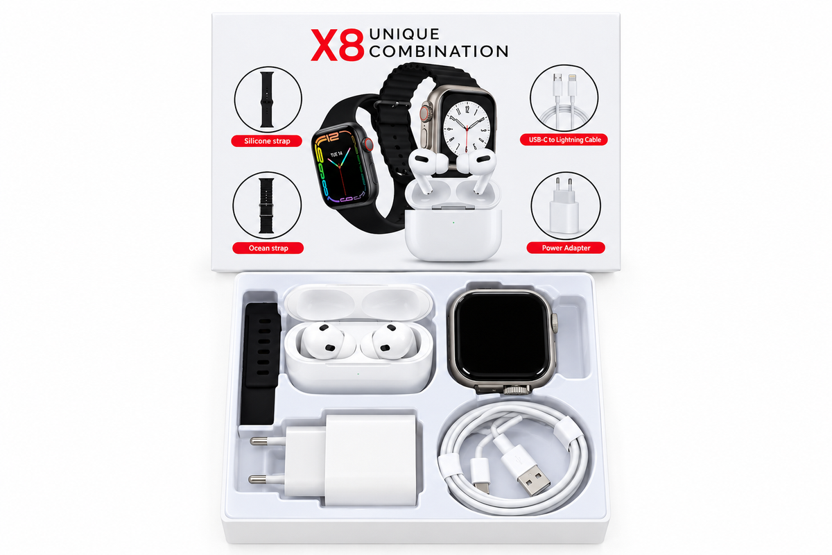 Kit Smartwatch X8 com Fones Bluetooth e Acessórios