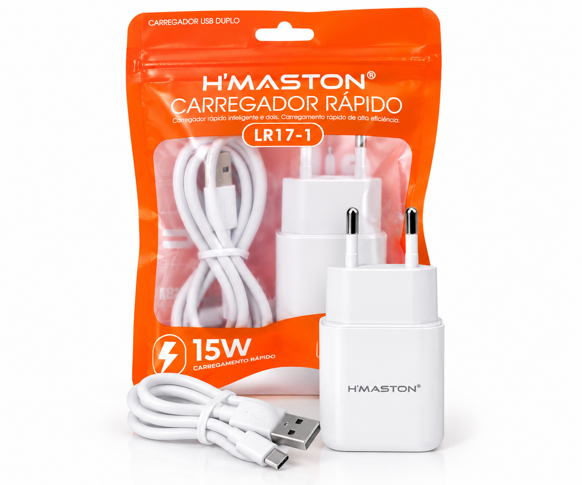 Carregador de parede branco H’MASTON LR17-1 com potência anunciada de 15 W e cabo USB branco. ( V8 )
